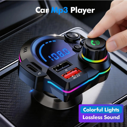 Car Bluetooth FM Transmitter Car Accessory, HD Bluetooth Audio Hi-Fi Lossless Music Player, Type-C PD 20W + QC 3.0 Fast Charger, Dual USB Ports, Wireless Hands-Free Kit, LED Colorful Lights Display, Road Trip Essential Father’S Day Gift, Car Accessories,