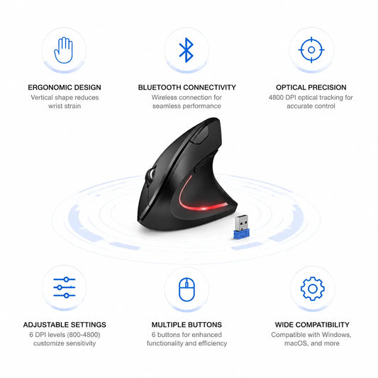 TECKNET Right-Handed Ergonomic Vertical Mouse - Wireless Bluetooth & 2.4Ghz with USB-A Receiver, 4800 DPI Optical Tracking, 6-Step DPI Adjustment, Quiet Clicks, 6 Buttons, 12-Month Battery Life, Wide Compatibility,Back to School,Back to School Haul