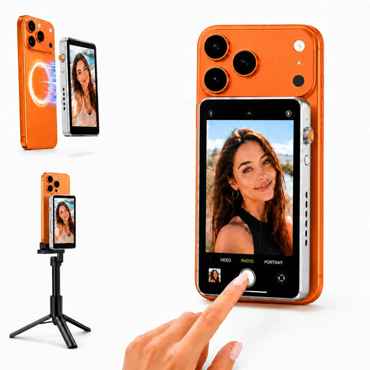 Vectorzen 4-In Wireless Selfie Monitor Accessories for Iphone 17 & Smartphone, Crystal Magnetic Touchscreen Vlog Mirror with Bluetooth Remote, 2.4G/5G Wifi Screen Mirroring, Shutter/Zoom/Focus Control, Aluminum External Screen for Tiktok Creators